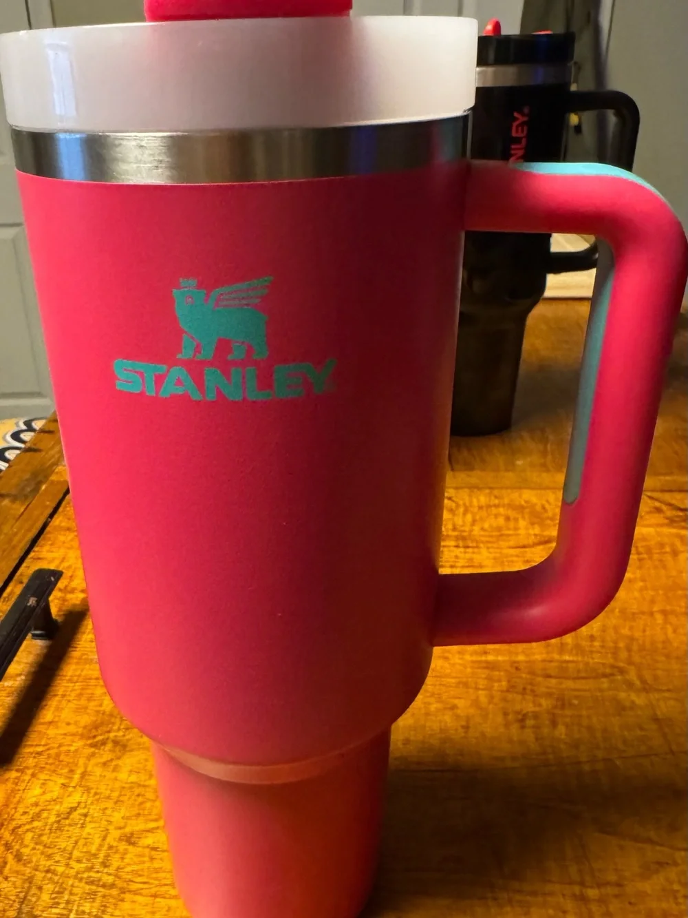 Stanley Bright Pink Travel Mug with Handle and White Lid